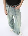 Light Blue Stitched Wide Leg Jeans for Women – High-Waisted Loose Fit Comfort (Sizes S-XL)