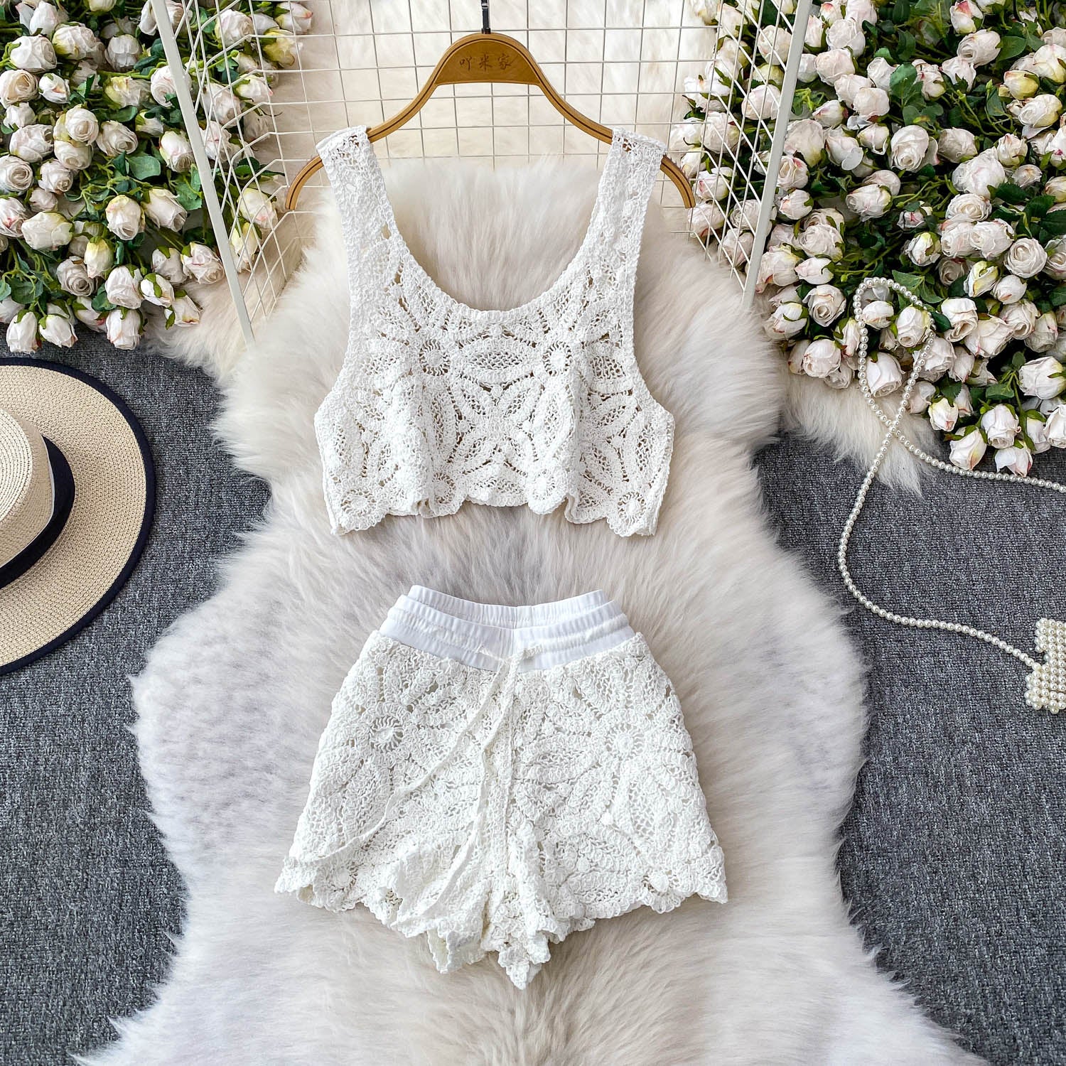 Women’s Hollow Weave Short Vest &amp; Shorts Set – Chic Two-Piece  Outfit