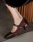 Square Toe Chunky Heel Vintage Engraving Mary Jane Shoes Women