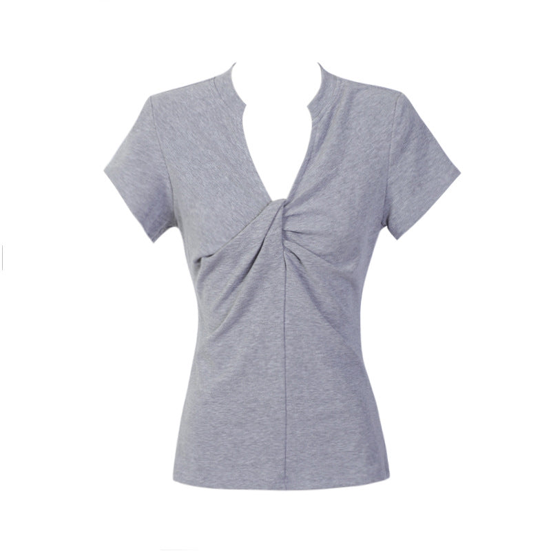 Women&#39;s V-Neck Knot Front T-Shirt - Slim Fit Polyester Top (Apricot/Gray/Red/Black, S/M) Casual Pullover Blouse