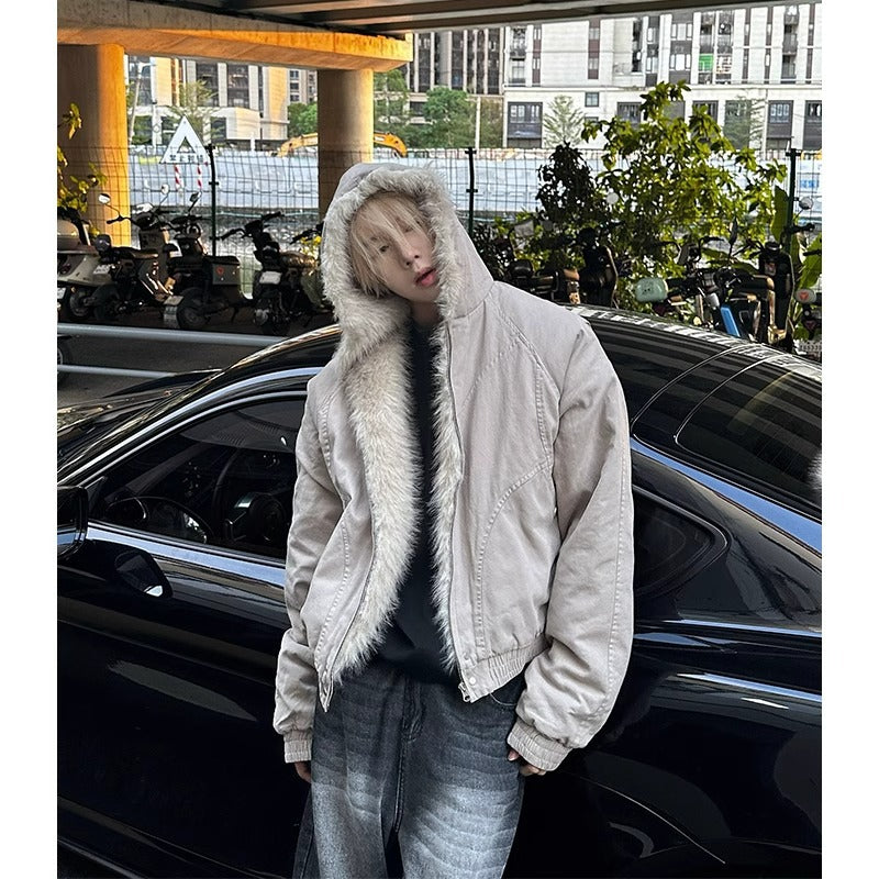 Winter Hooded Short Fur Collar Coat / JACKET