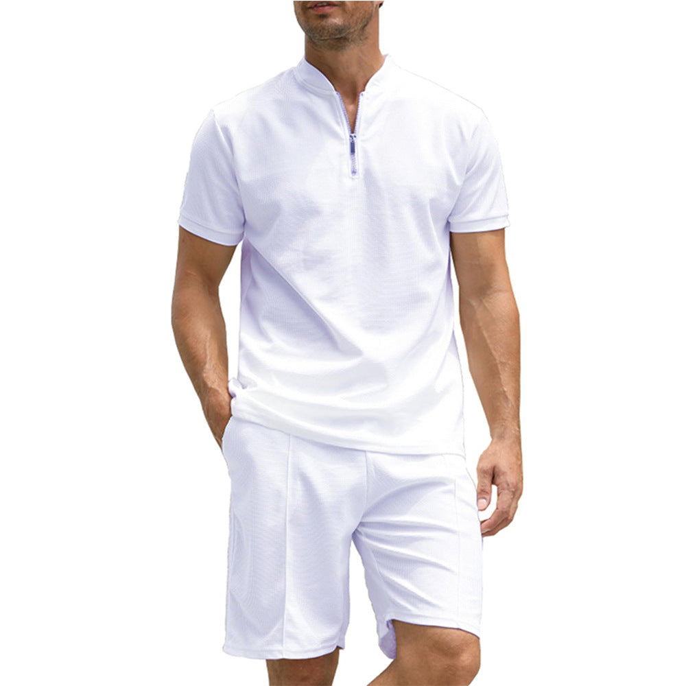 Simple POLO Men&#39;s Zip-up Shirt Short Sleeve Crew Neck Casual Shorts Suit