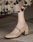 Square Toe Chunky Heel Vintage Engraving Mary Jane Shoes Women