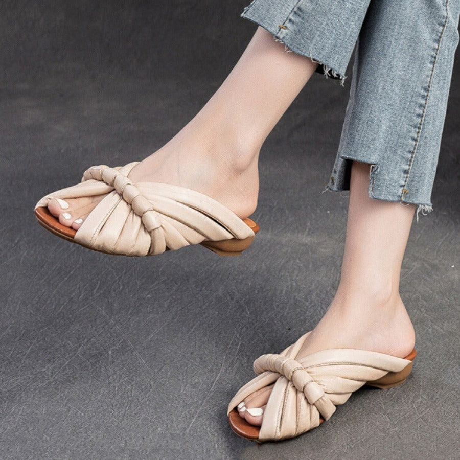 Women&#39;s Flat Slipper Genuine Leather Single Strap Slides