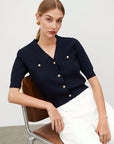 Women’s Button V-Neck Short Sweater – Soft Princess Sleeve Knit Top
