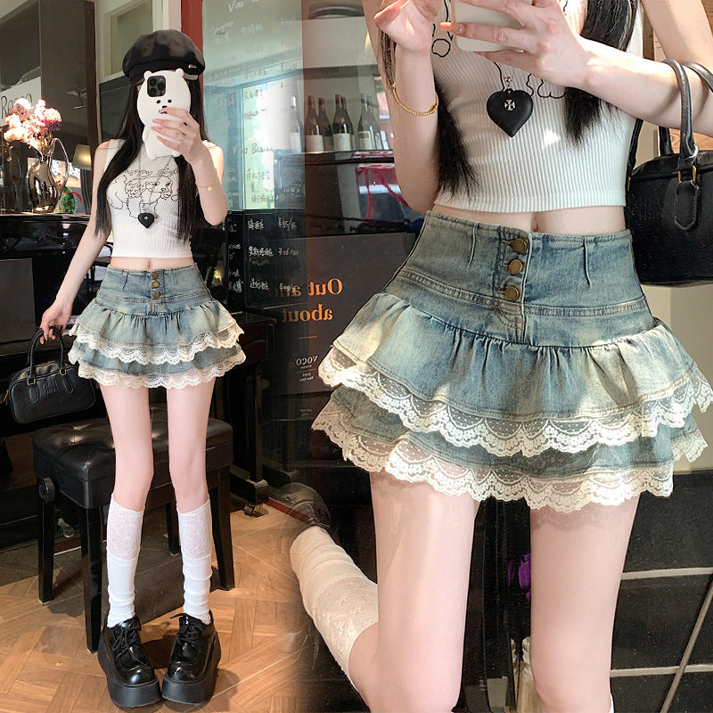 Women’s Double-Layer Lace Ruffled Denim Skirt – Pure Hot Girl College Style