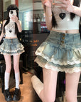 Women’s Double-Layer Lace Ruffled Denim Skirt – Pure Hot Girl College Style