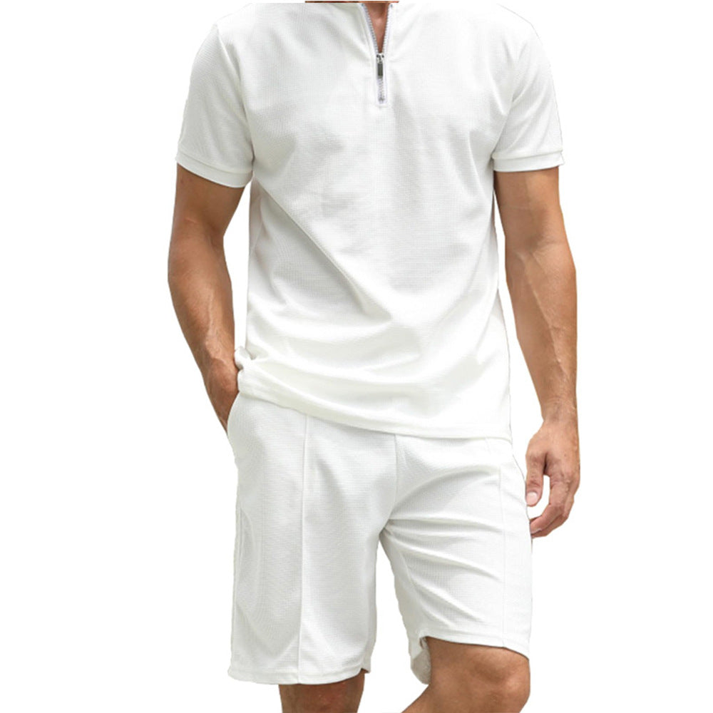 Simple POLO Men&#39;s Zip-up Shirt Short Sleeve Crew Neck Casual Shorts Suit