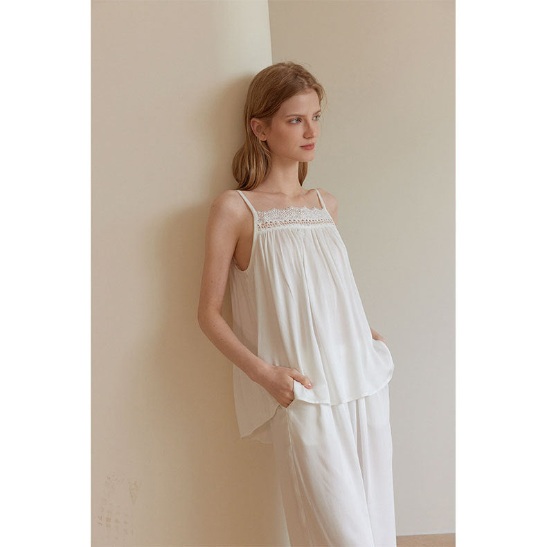 Women&#39;s Luxury Satin Pajama Set - Sleeveless Sling Nightwear (White) | Summer Breathable Sleepwear