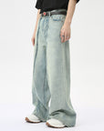 Light Blue Stitched Wide Leg Jeans for Women – High-Waisted Loose Fit Comfort (Sizes S-XL)