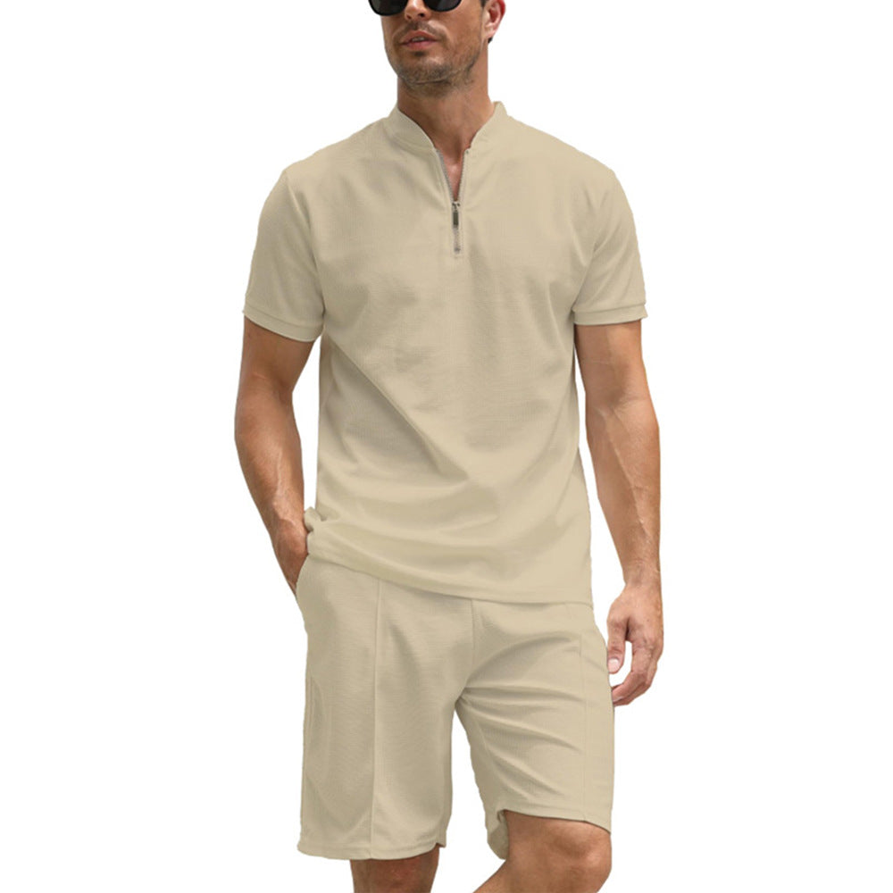 Simple POLO Men&#39;s Zip-up Shirt Short Sleeve Crew Neck Casual Shorts Suit