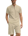 Simple POLO Men's Zip-up Shirt Short Sleeve Crew Neck Casual Shorts Suit