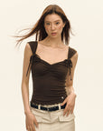 Women’s Vintage Bow Shoulder Strap T-Shirt - American Retro Slim Fit Top (Brown, XS-L) Urban Commute Style
