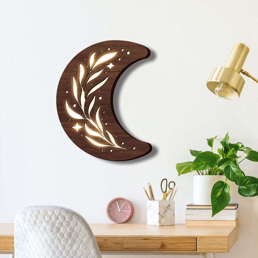 Bohemian Style Three-dimensional Wooden Leaf Crescent Lamp Pendant