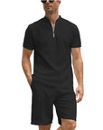 Simple POLO Men's Zip-up Shirt Short Sleeve Crew Neck Casual Shorts Suit