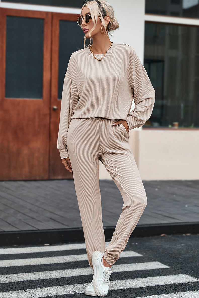 Solid Color Long-sleeved Trousers Loungewear Suit Casual Suit For Women AliFinds