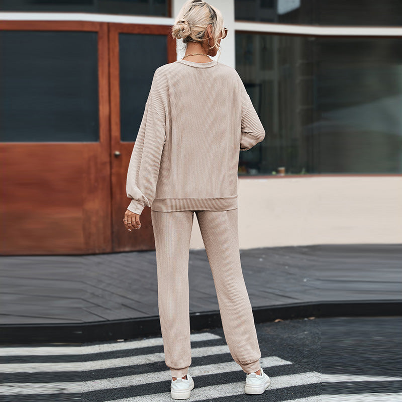 Solid Color Long-sleeved Trousers Loungewear Suit Casual Suit For Women AliFinds