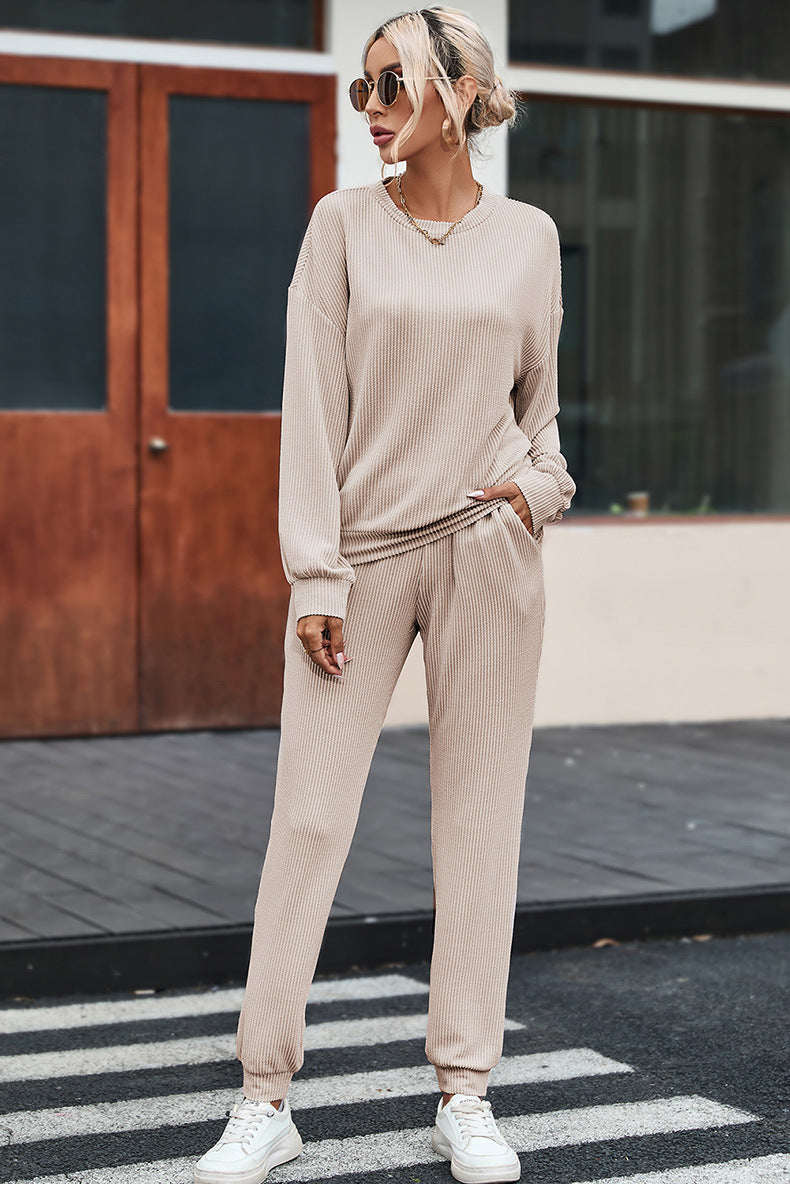 Solid Color Long-sleeved Trousers Loungewear Suit Casual Suit For Women AliFinds