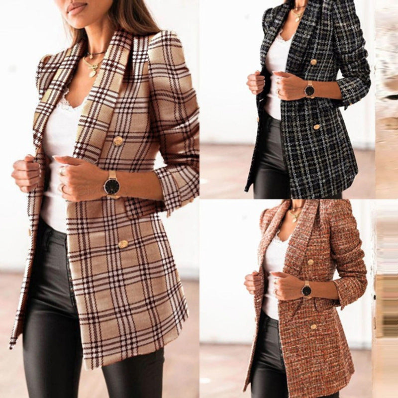 Spring Fashion Printed Long Sleeve Double Breasted Blazer Collar Coat AliFinds