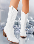 White Knight Boots Fashion Embroidered Pointed Toe Square Heel Mid-calf Western Boots Women Autumn Winter Shoes AliFinds