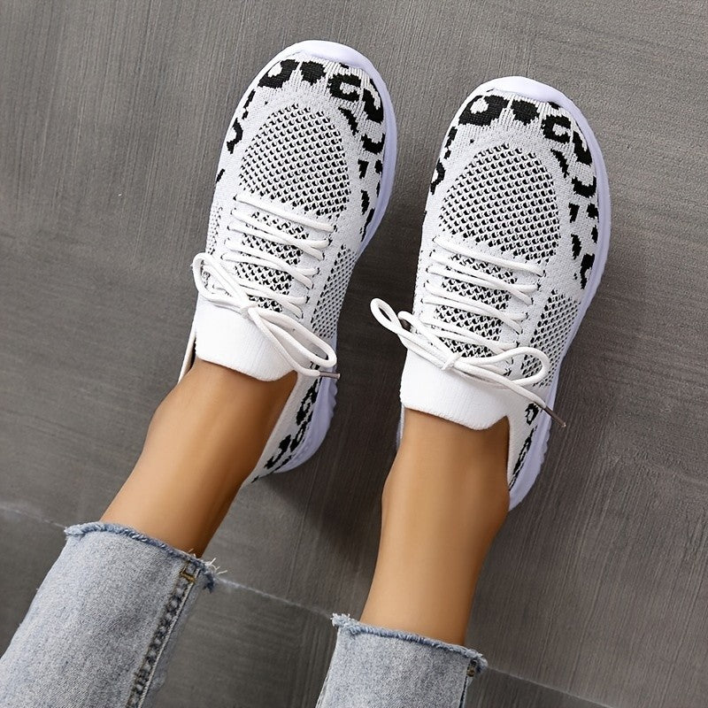 White Shoes Women Leopard Print Lace-up Sneakers Sports AliFinds