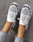 White Shoes Women Leopard Print Lace-up Sneakers Sports AliFinds