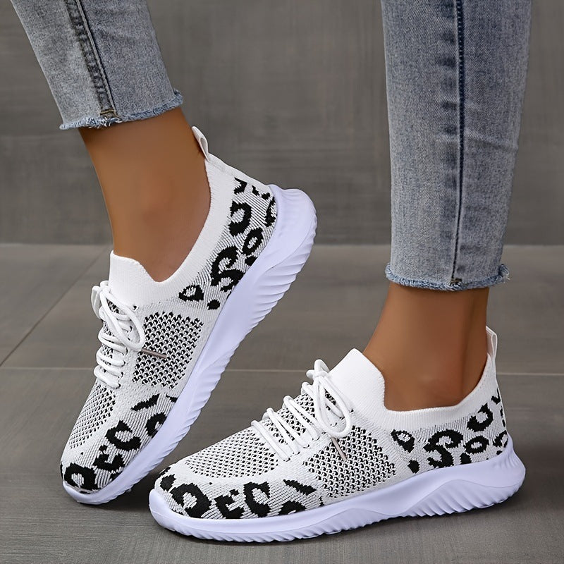 White Shoes Women Leopard Print Lace-up Sneakers Sports AliFinds