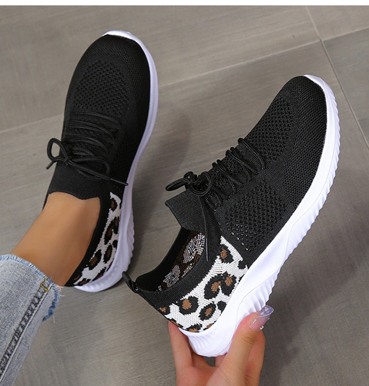 White Shoes Women Leopard Print Lace-up Sneakers Sports AliFinds