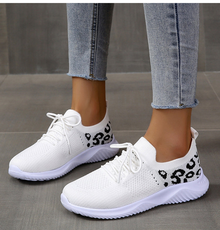 White Shoes Women Leopard Print Lace-up Sneakers Sports AliFinds