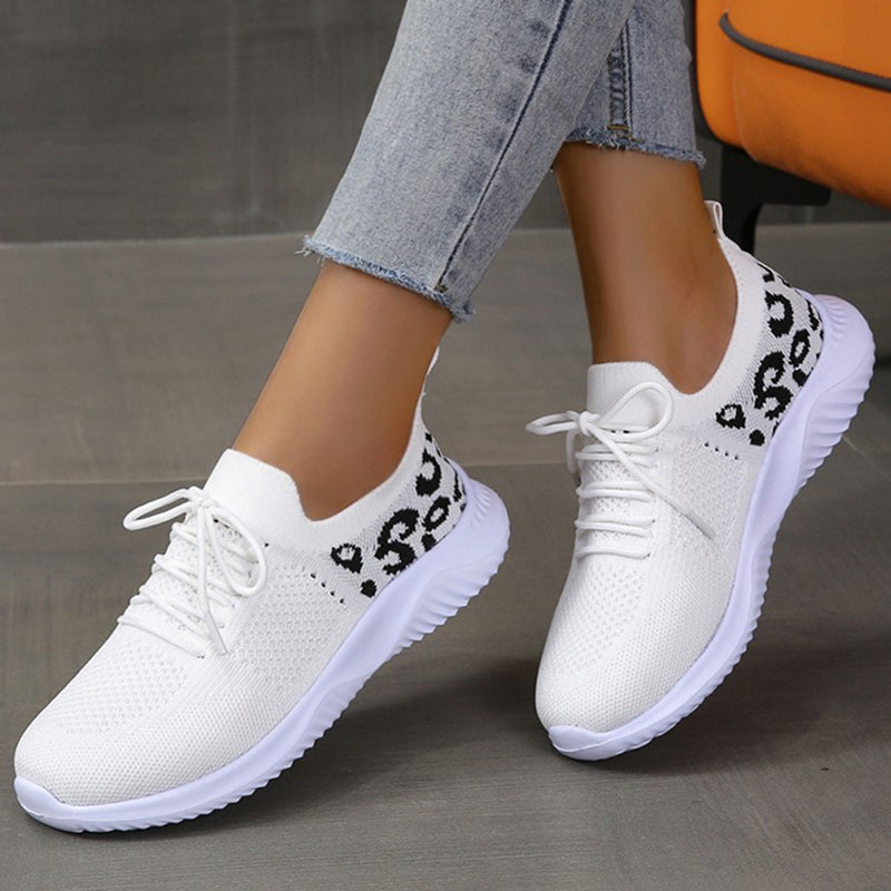 White Shoes Women Leopard Print Lace-up Sneakers Sports AliFinds