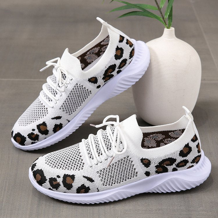 White Shoes Women Leopard Print Lace-up Sneakers Sports AliFinds