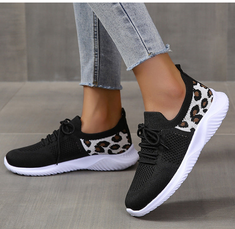 White Shoes Women Leopard Print Lace-up Sneakers Sports AliFinds