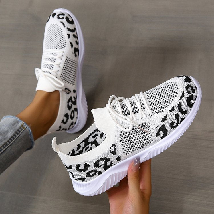 White Shoes Women Leopard Print Lace-up Sneakers Sports AliFinds