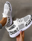 White Shoes Women Leopard Print Lace-up Sneakers Sports AliFinds