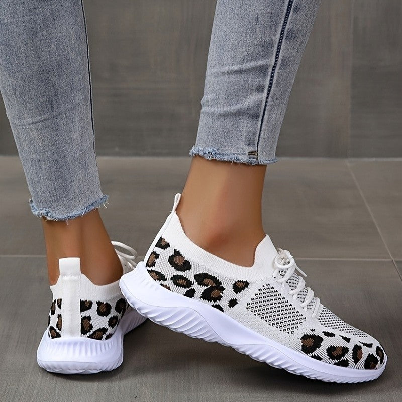 White Shoes Women Leopard Print Lace-up Sneakers Sports AliFinds