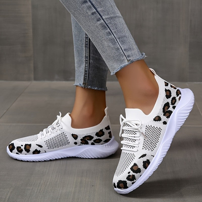 White Shoes Women Leopard Print Lace-up Sneakers Sports AliFinds