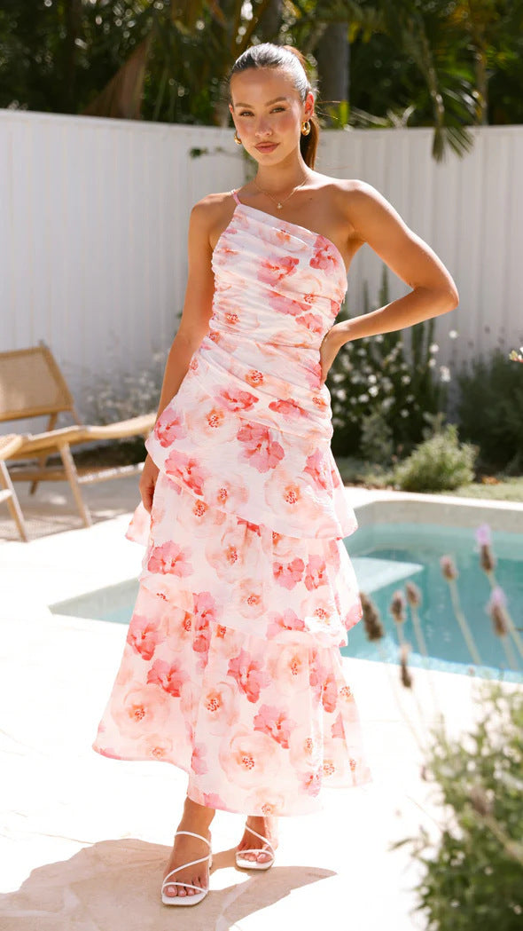 Robe longue à volants et imprimé floral pour femme (rose/violet/bleu) – Robe de soirée sexy sans manches en polyester