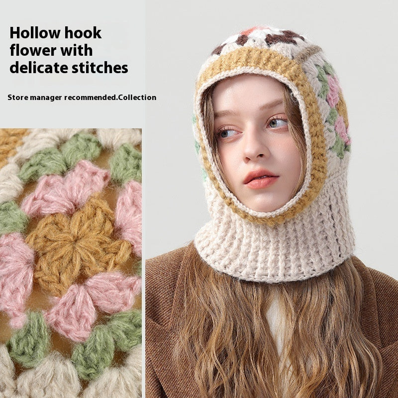 Women’s Winter Korean Crochet Flower Balaclava – Cute Warmth with Pastel Charm