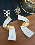 Women Enamel Ribbon Drop Earrings – Gold Plated Copper Stereo Letter Design Statement Jewelry