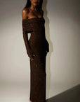 Women’s Sexy Strapless Rhinestone Dress – Luxury Long-Sleeve Slim-Fit Socialite Gown
