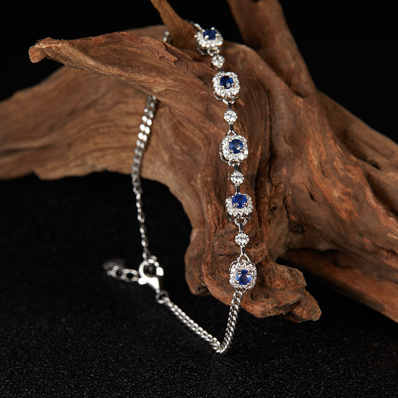 Women Full Drill S925 Sterling Silver Bracelet – Natural Garnet Sapphire Geometric Diamond-Set Luxury Chain Jewelry