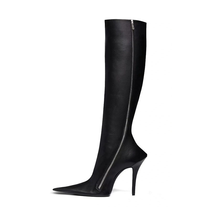 Women’s Stiletto Heel Pointed Toe Side-Zip Knee-Length Boots – Sleek Black Elegance