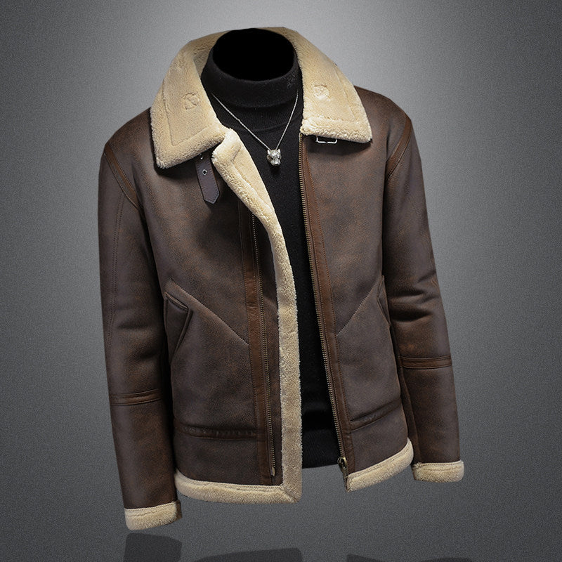 Men’s Leather Fur Lapel Jacket – Thickened Winter Warm Zipper Coat with Side Pockets Loose Fit