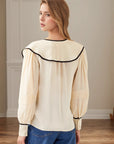 New Women's V-neck Retro Loose-fit Contrast-color Pleated Blouse