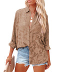 Romantic Fabric Lace Hollow-out Solid Color Long-sleeved Shirt