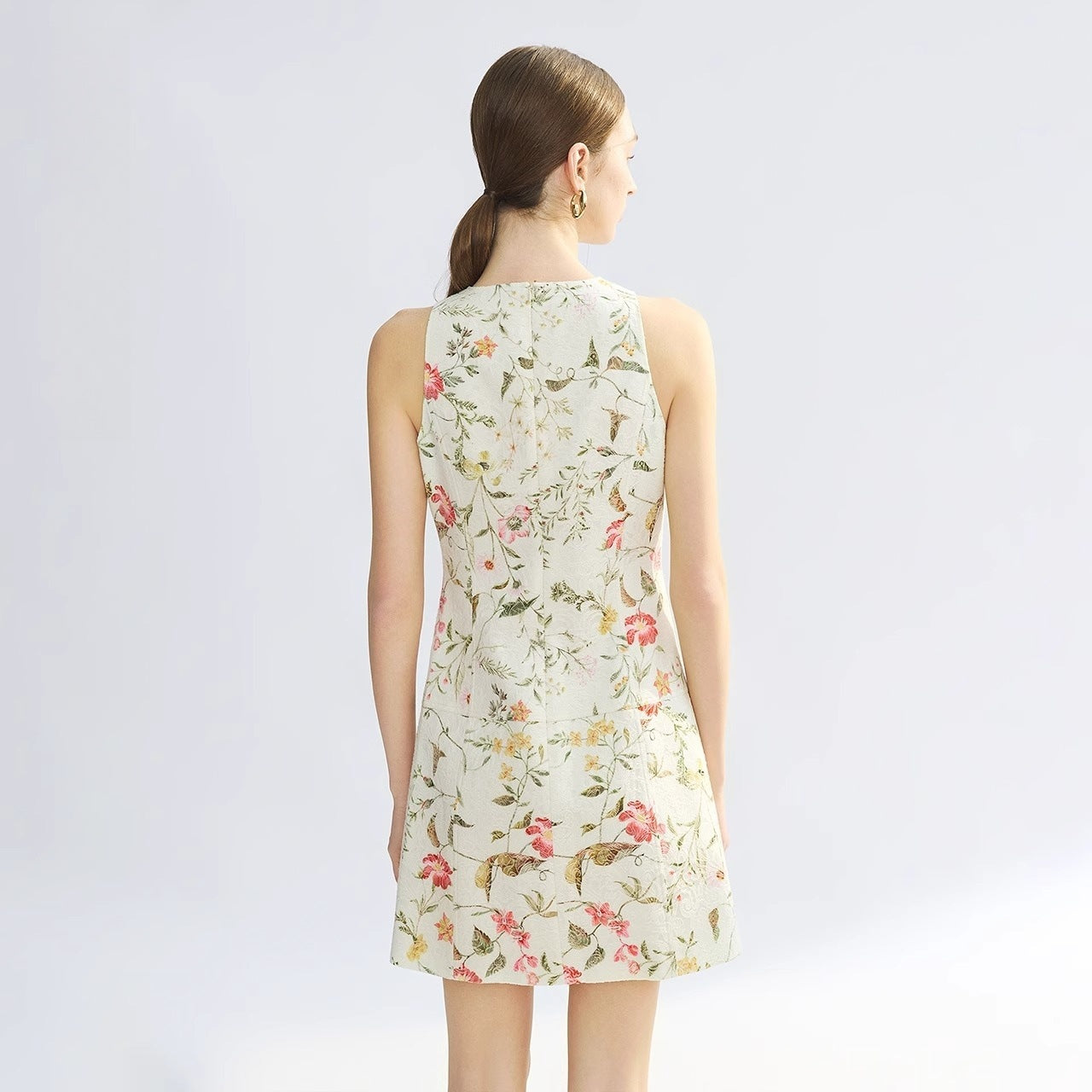 Women Business Short Cotton Dress – French Jacquard A-Line Sleeveless High Waist Commuter Dress