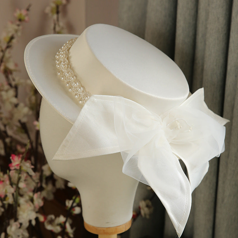 👒 French Elegant Pearl Flat-Top Hat – Timeless Chic for Women