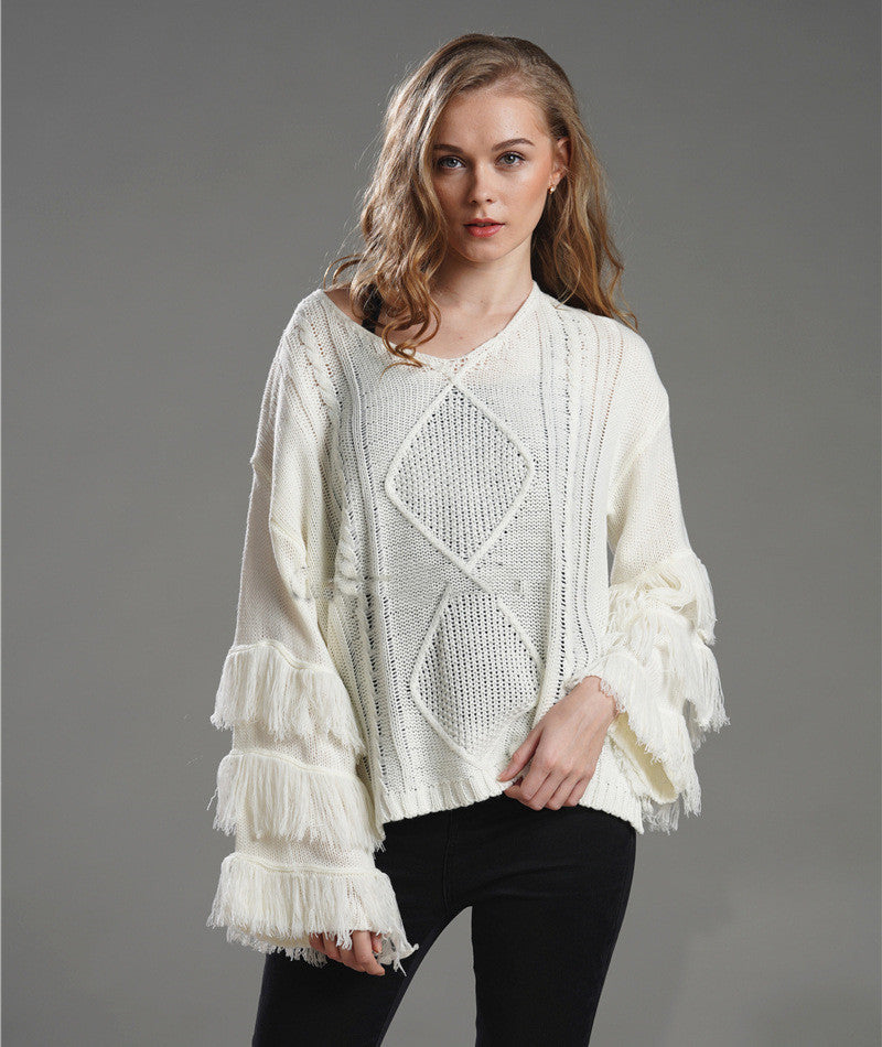 Loose Sweater Women Tassel Pure Color