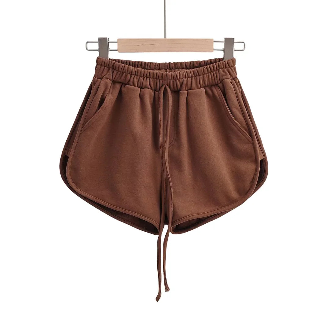 Women High-Waist Cotton Terry Shorts – Drawstring Casual Loose Fit Lounge Shorts with Pockets