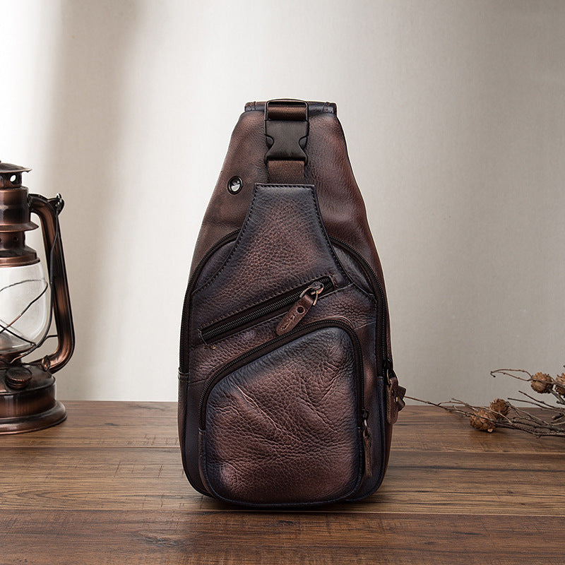 Men’s Genuine Cowhide Leather Chest Bag – Simple Retro Crossbody Satchel